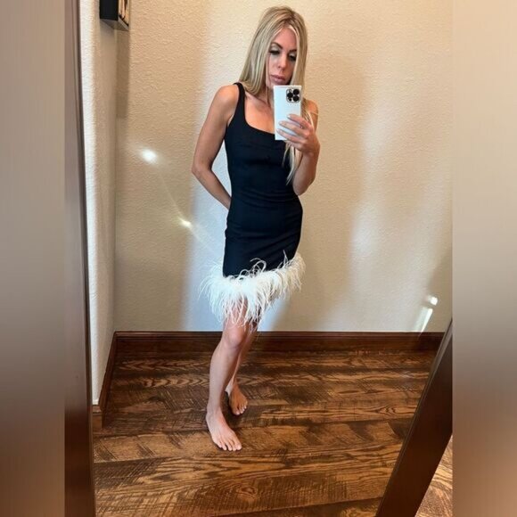 MANURÍ Rinna Ostrich Feather Trim Square Neck Dress Black White Revolve Small - Picture 6 of 9